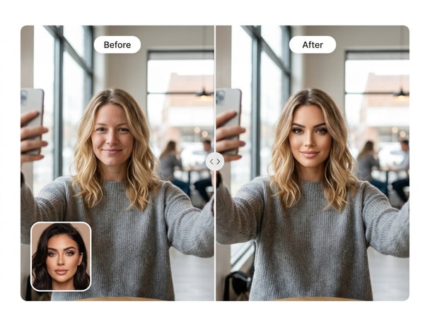 Before and after example of selfie face swap showing realistic blend