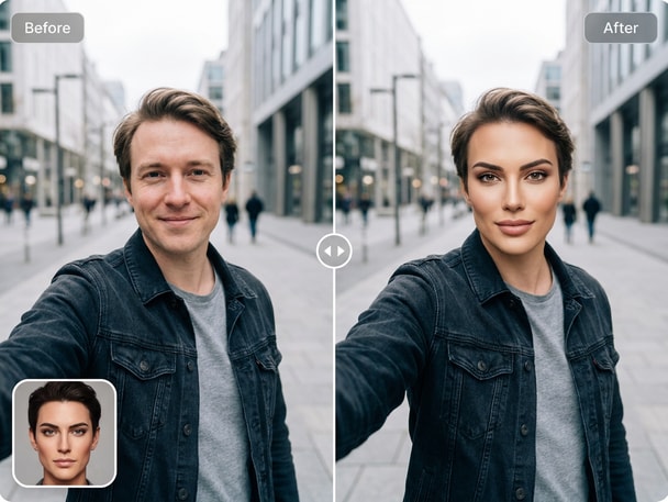 Two friends using AI selfie face swap on smartphone