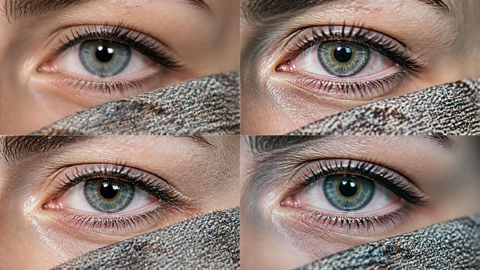 Four close-up diagnostics showing natural detail halos plastic skin and invented texture after AI sharpening