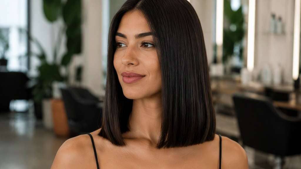 Blunt Shoulder-Length Hair hair on an adult model, showing full, crisp weight line across the shoulders, smooth surface and minimal layerin