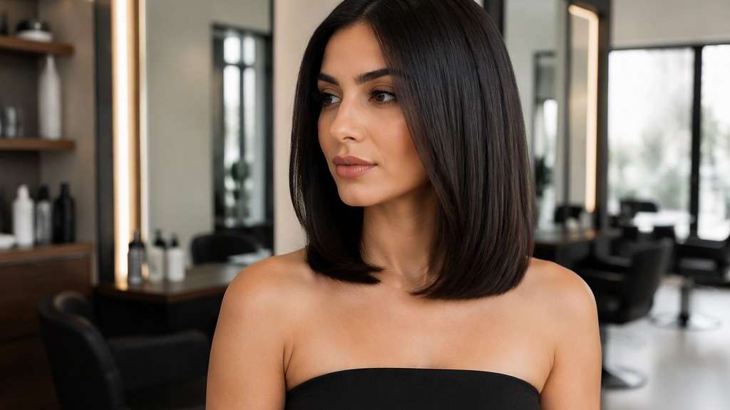Clean Shoulder-Grazing Cut hair on an adult model, showing straight medium hair with an even baseline barely touching shoulder tops; narrow