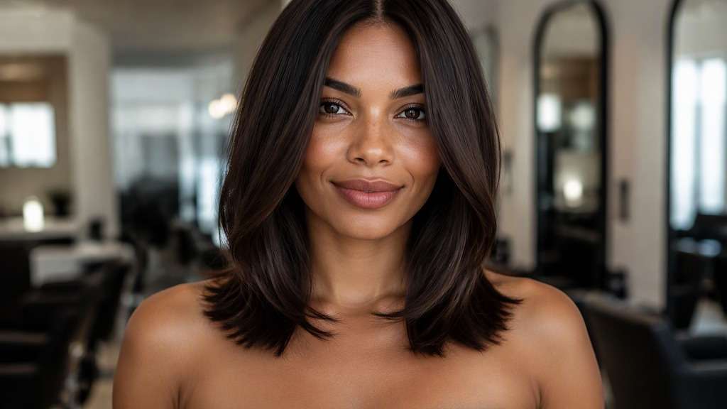Collarbone-Skimming Cut hair on an adult model, showing longer shape ending exactly over both collarbones, center part and a relaxed pol