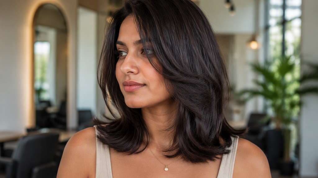 Feathered Shoulder Layers hair on an adult model, showing light feathered movement at the face and ends, with the main perimeter still cle