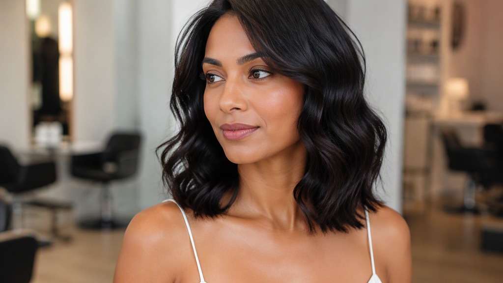 Natural Wavy Shoulder Hair hair on an adult model, showing loose realistic s-waves whose ends brush the shoulders, preserving visible volum