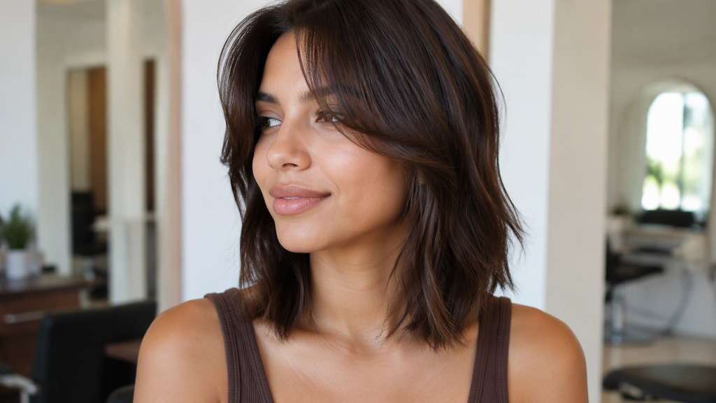 Shoulder Cut with Curtain Bangs hair on an adult model, showing shoulder-length outline paired with cheekbone-opening curtain fringe that blends
