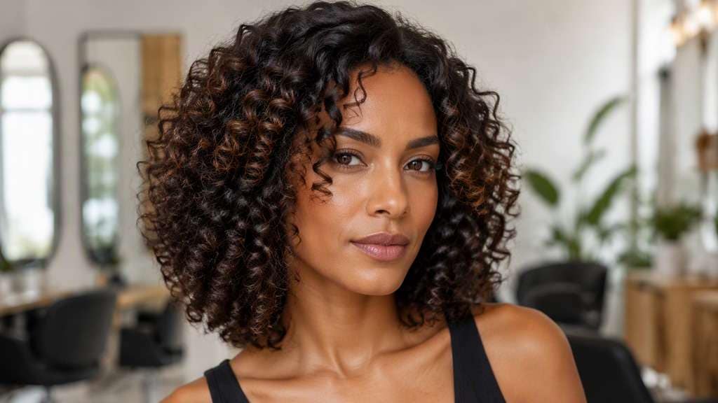 Shoulder-Length Curly Cut hair on an adult model, showing defined natural curls whose dry length appears at the shoulders, with volume bal