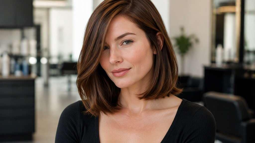 Side-Parted Medium Cut hair on an adult model, showing a deep but realistic side part with a soft sweep over one brow and shoulder-leve
