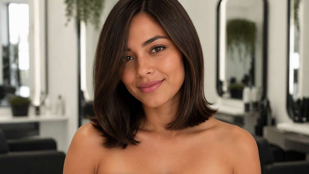 Straight Cut with Flipped Ends hair on an adult model, showing smooth shoulder-grazing cut with a slight outward flick only at the last few cen