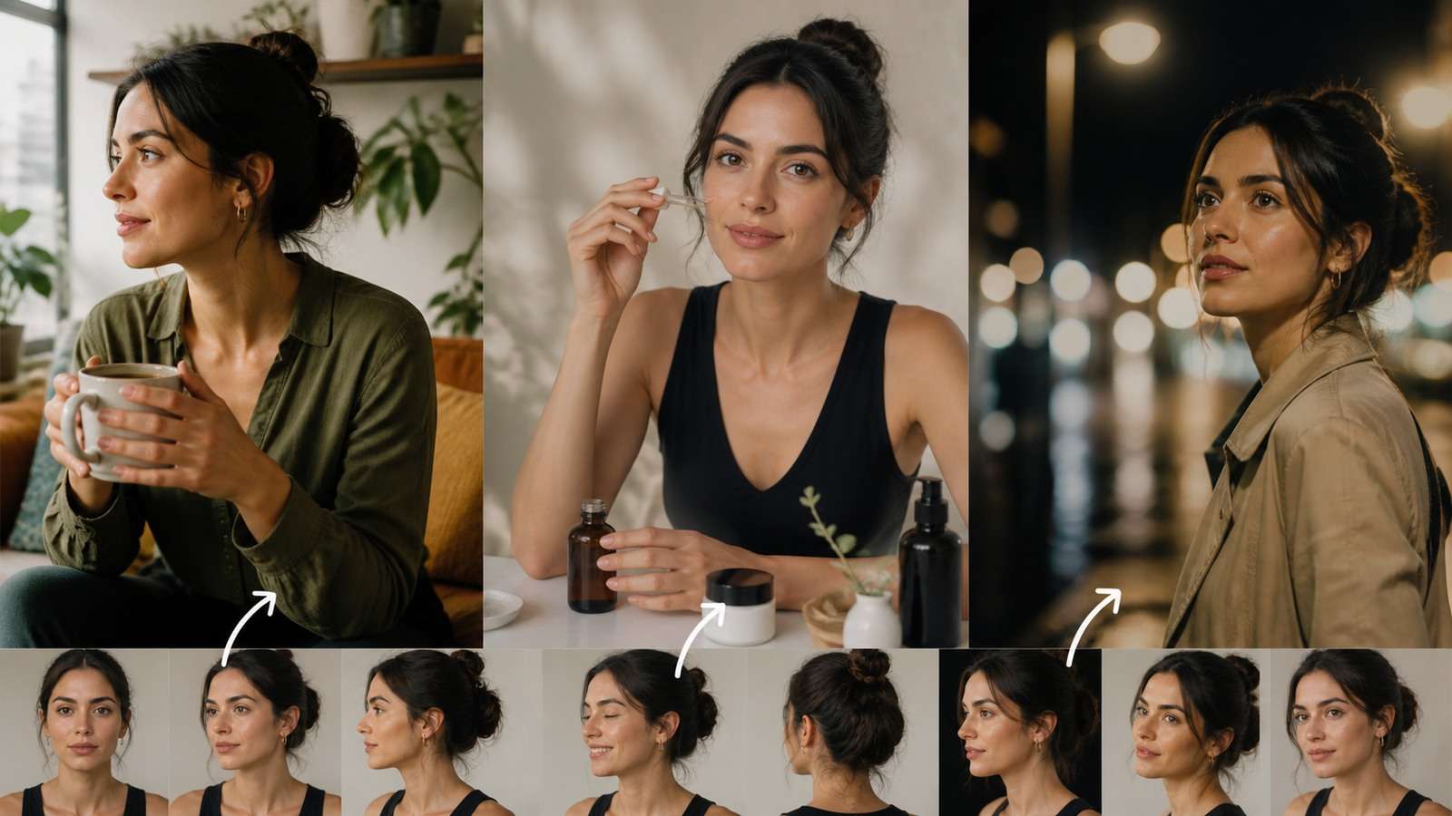 Consistent AI influencer shown across varied spokesperson and lifestyle scenes