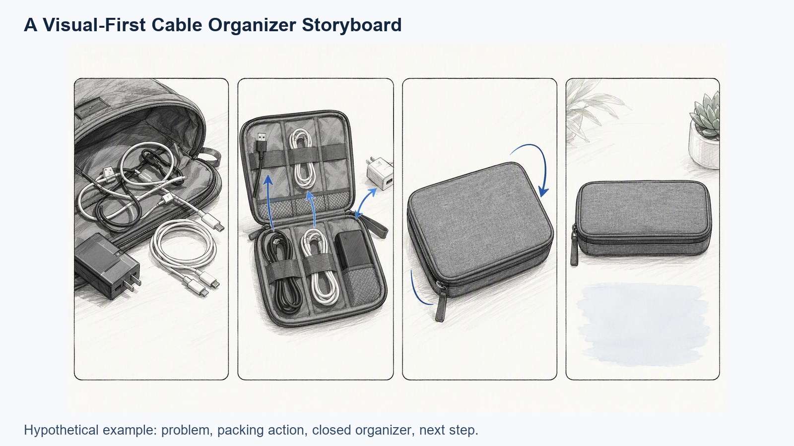 Illustrative storyboard for a hypothetical cable organizer advertisement