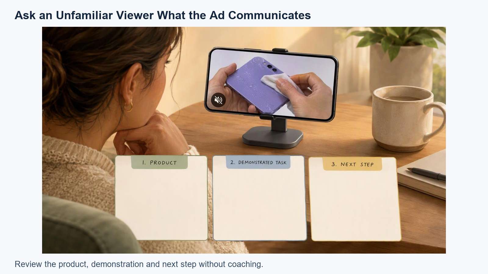 Editorial illustration of reviewing a muted product ad on a phone without explanatory coaching