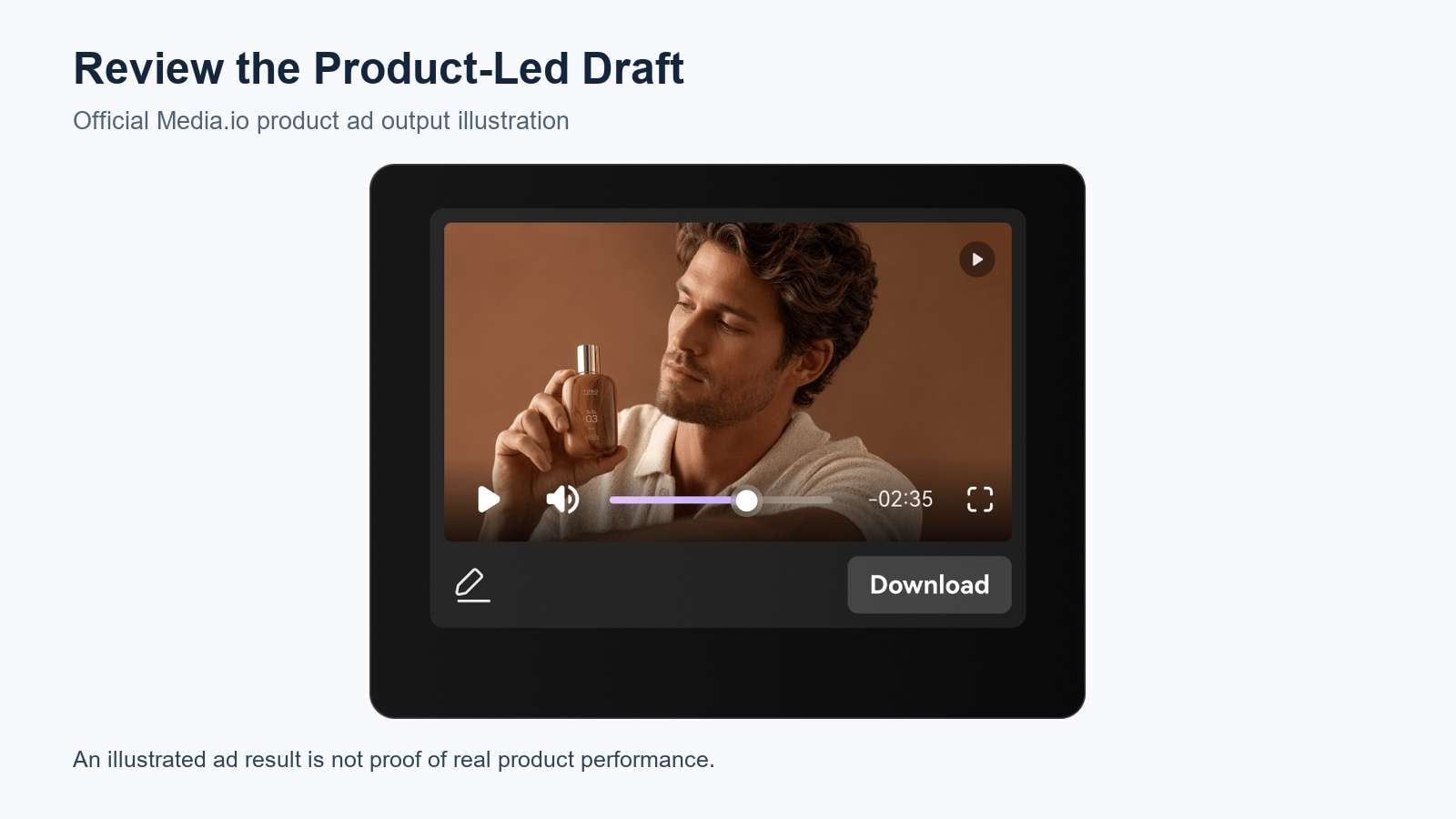 Official Media.io product ad output illustration with video review and download controls