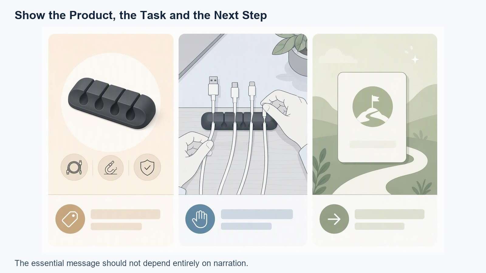 Illustration of product identity, visible task and next-step information in a silent ad