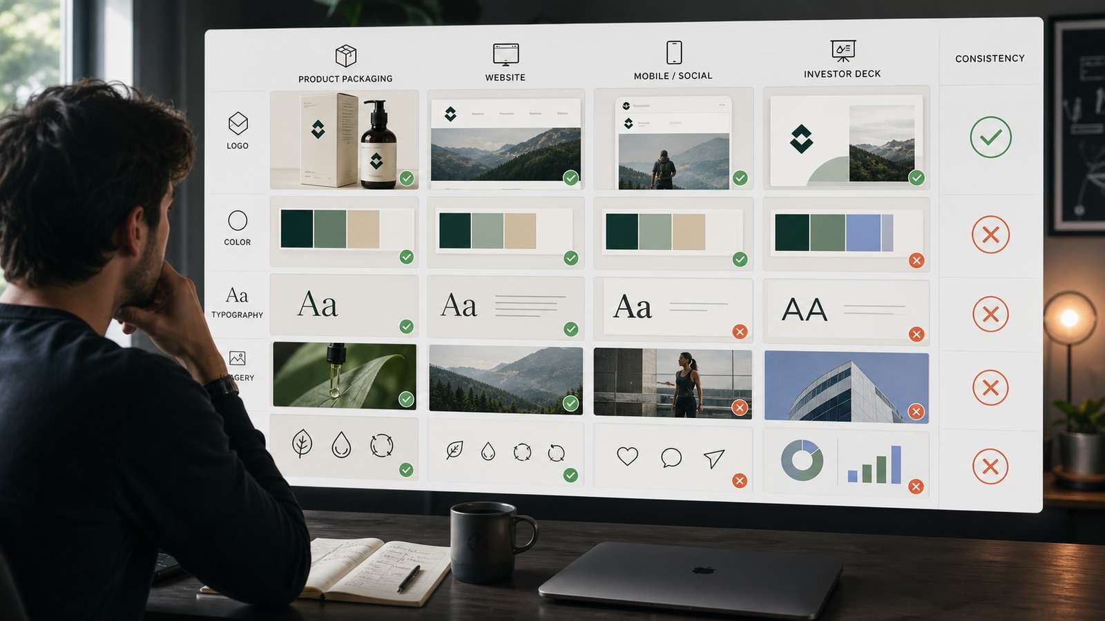 Founder auditing brand consistency across packaging website social and pitch deck