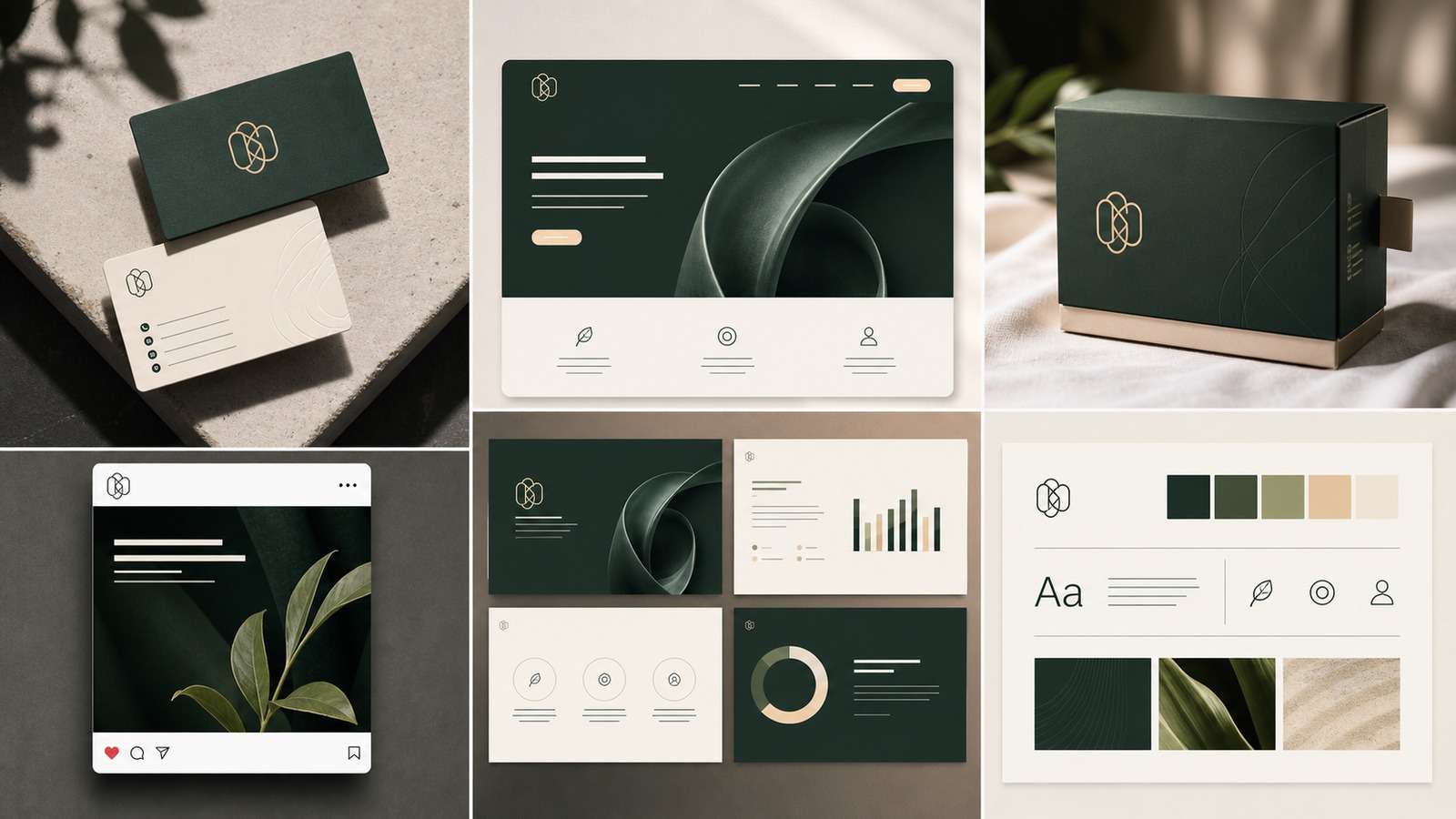Complete startup brand system across web packaging social and pitch deck assets