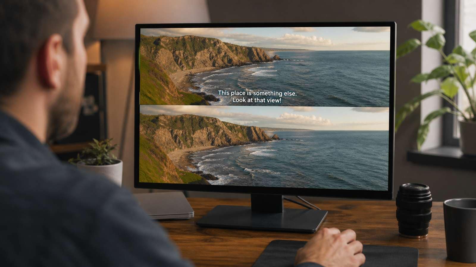 Hardcoded subtitle crossing a face and moving hands in an interview
