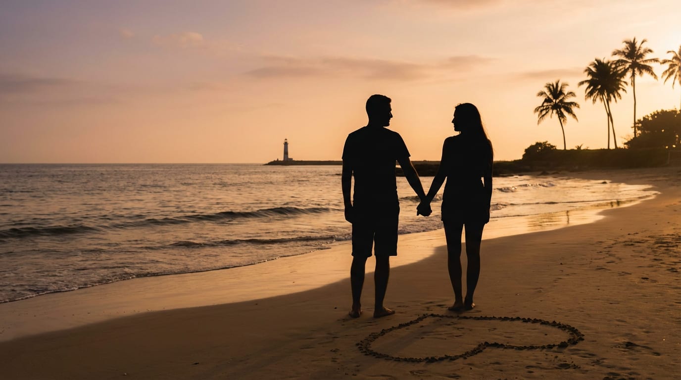 Romantic couple sunset beach wallpaper