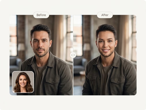 Before and after superhero face swap transformation preview