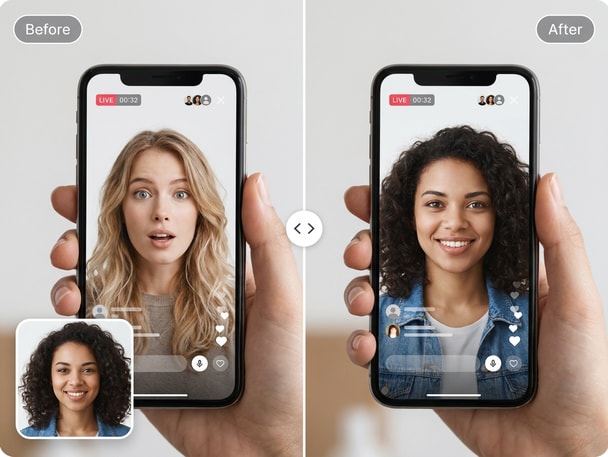 AI smartphone face swap before and after comparison
