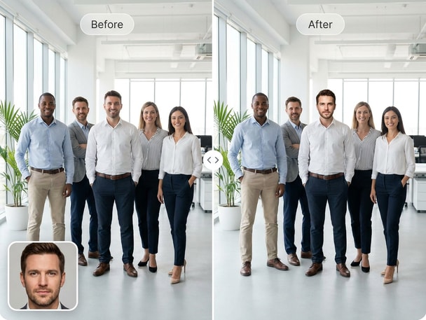 AI team photo face swap with natural group expressions