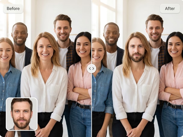 Before and after team face swap preview