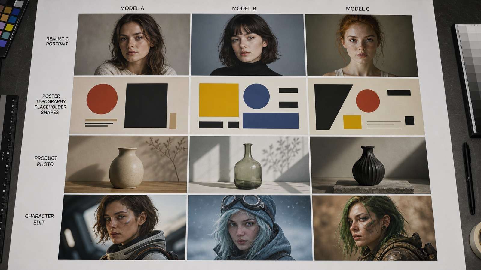 Shared prompt benchmark comparing AI image generators across realism typography products and editing