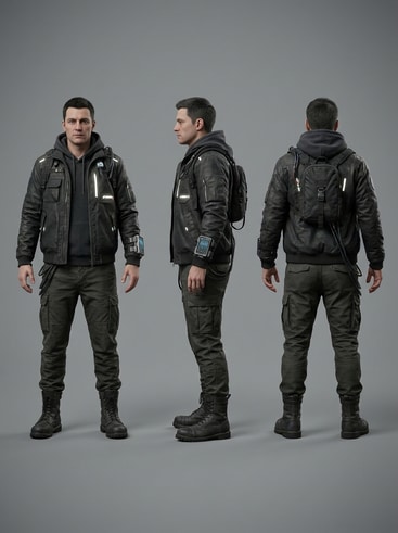 AI cyberpunk hacker three-view illustration