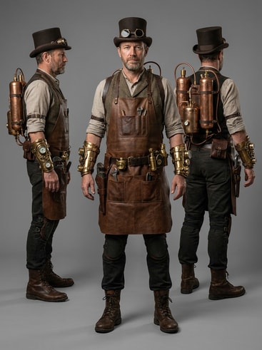 AI steampunk inventor three-view illustration