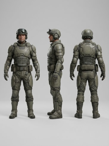 AI futuristic soldier three-view illustration