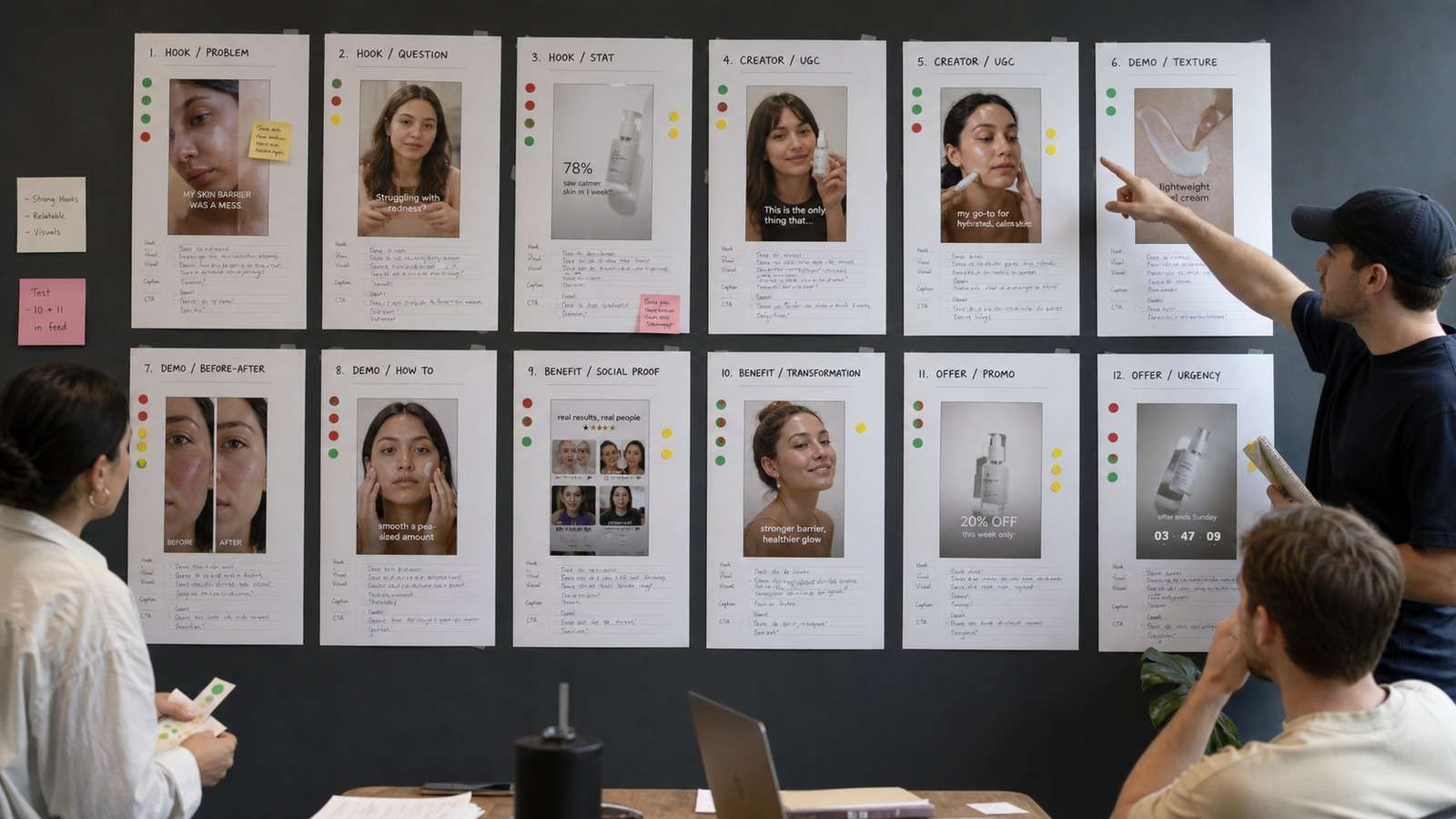 TikTok ad creative testing matrix with hooks creators demonstrations and offers