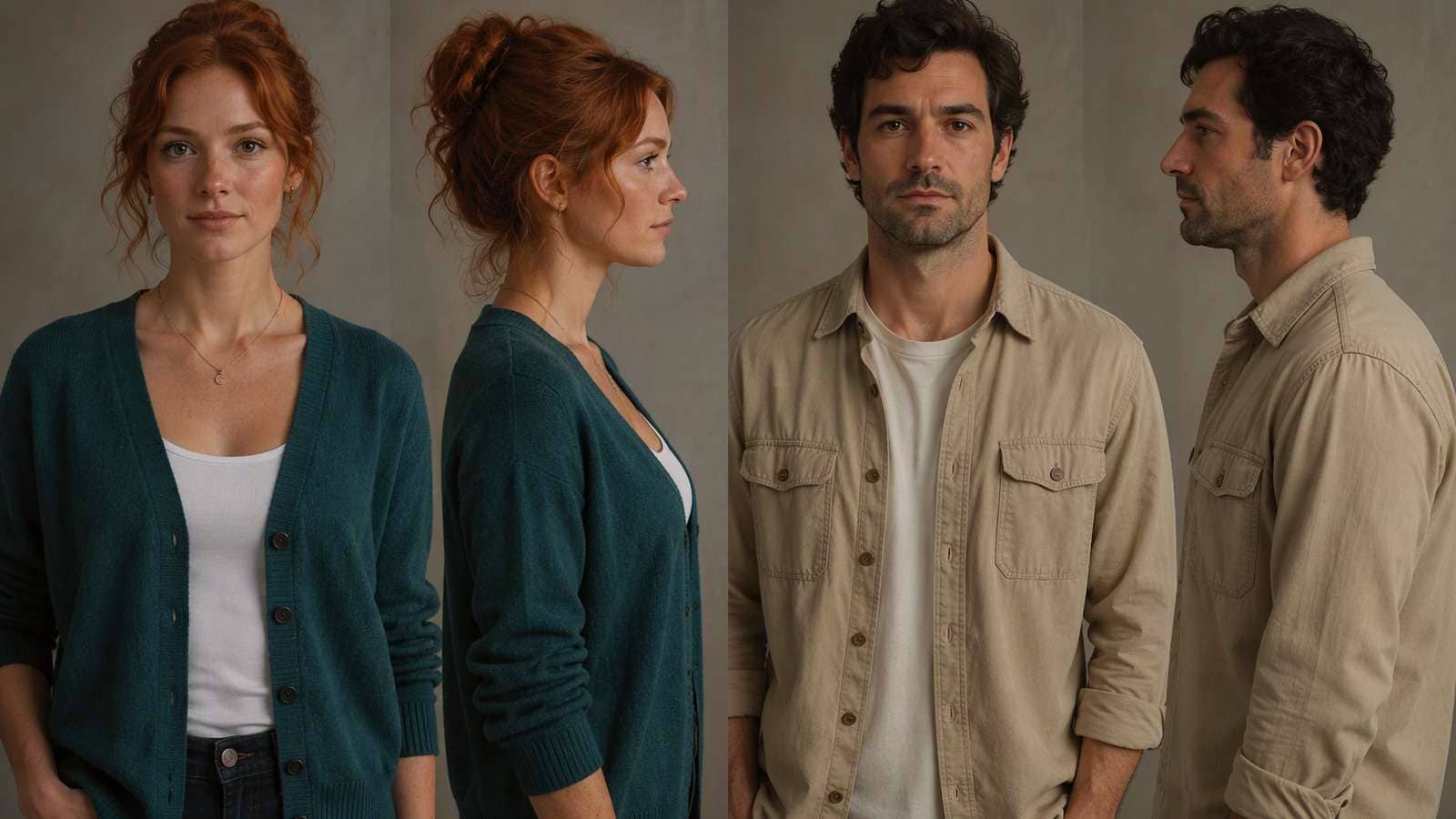 Generated reference portraits for the two fictional dialogue characters