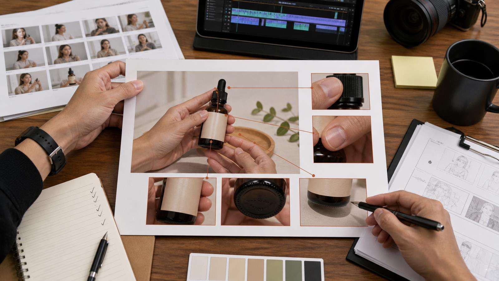 A full-resolution editing review of a UGC product interaction with zoomed checks on thumb, fingertips, label, scale, and contact shadow