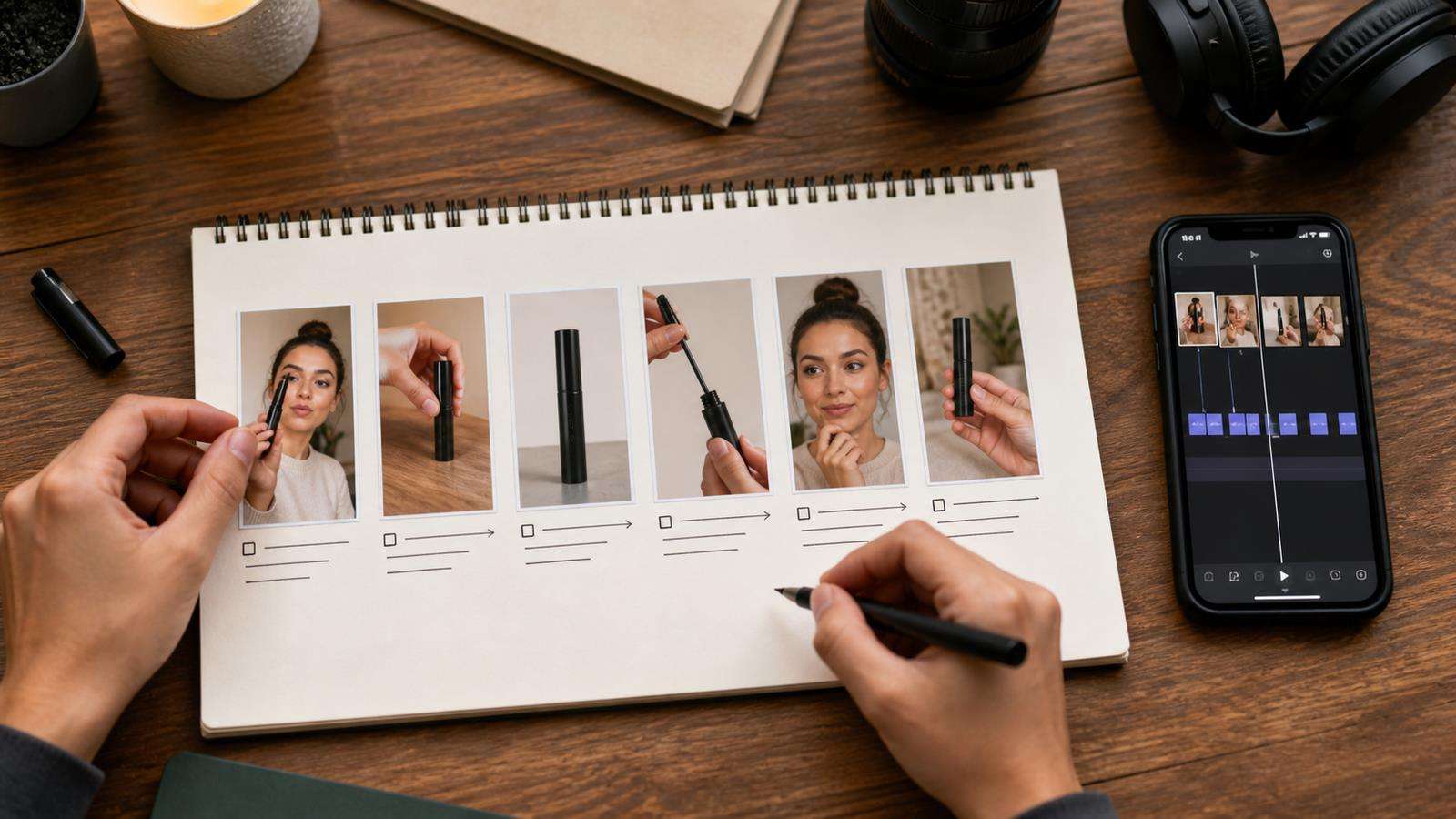 A vertical UGC timeline with hook, product pickup, clean insert, use demo, reaction, and CTA shots, showing hands only where needed