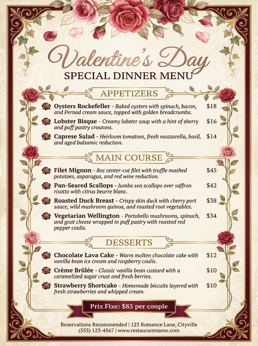 Valentine's Day Classic Elegant Menu