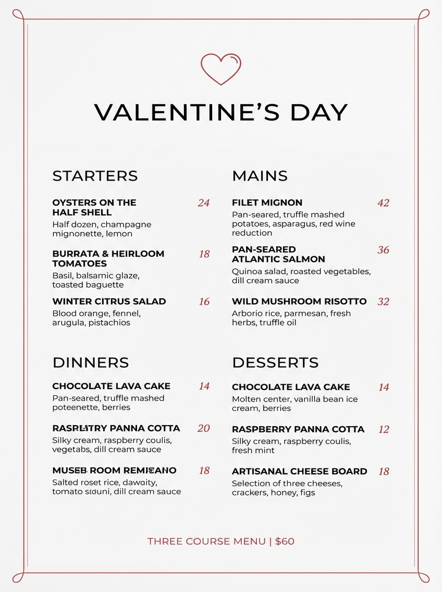 Valentine's Day Modern Minimalist Menu