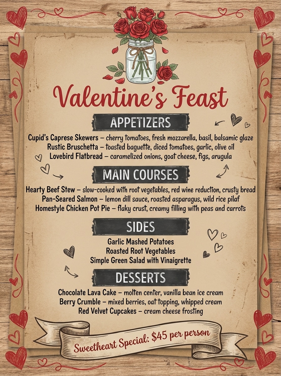 Valentine's Day Rustic Casual Menu