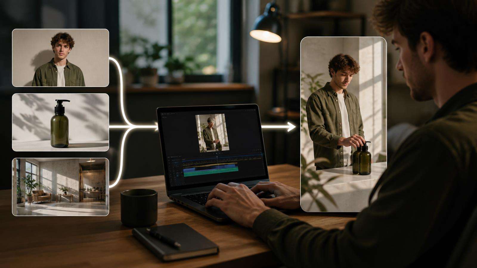 Three clean reference ingredients for a person, product, and location feeding into one consistent vertical Veo video frame