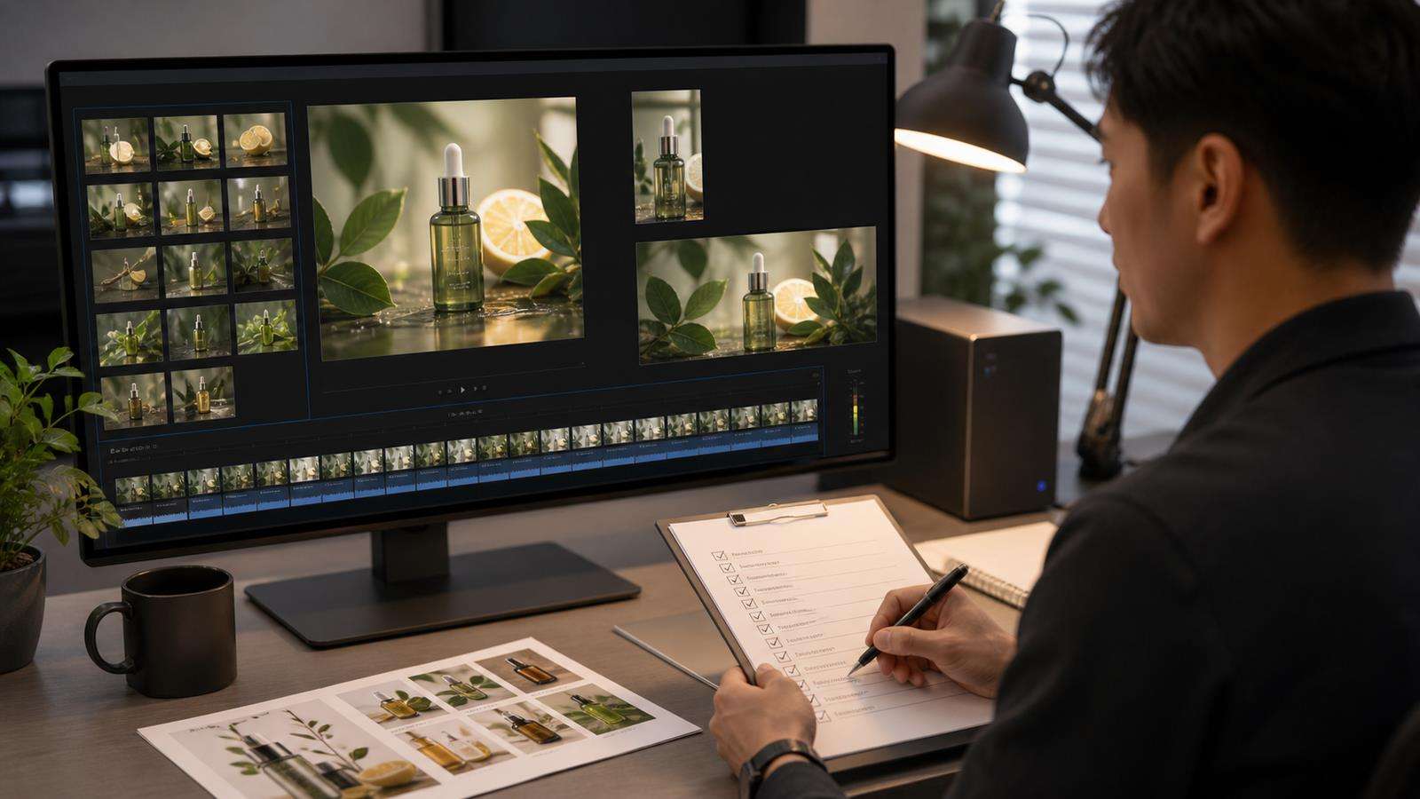 A production monitor displaying ingredient thumbnails, the generated clip, 9:16 and 16:9 previews, and a final identity and product QA checklist
