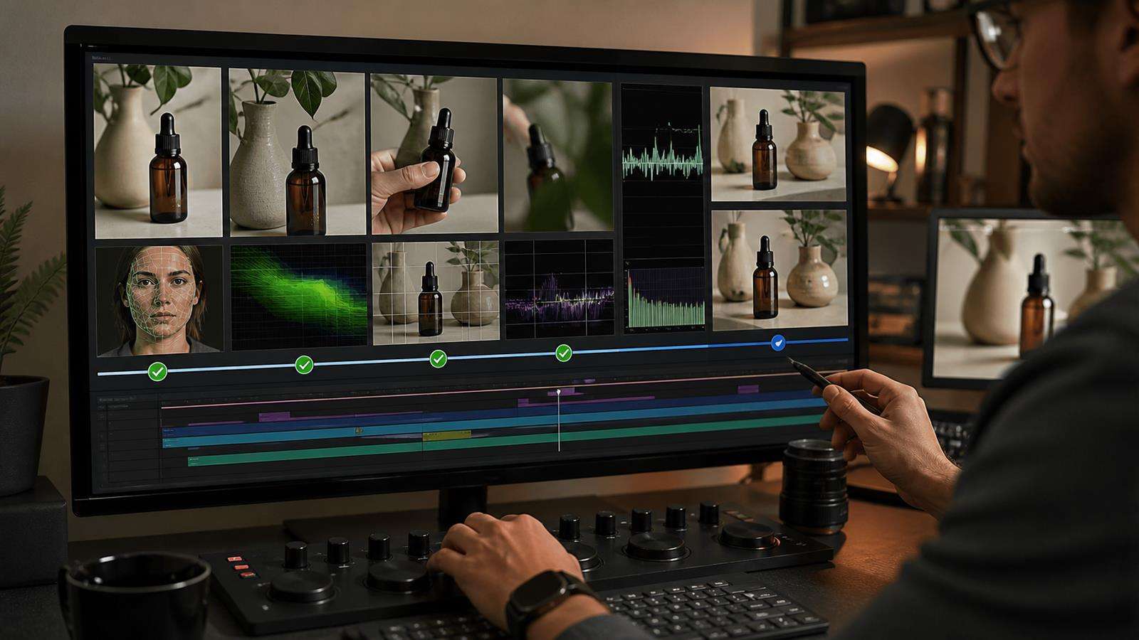 A professional review screen showing identity check, motion check, composition check, audio check, then 1080p and 4K finishing as the final stage