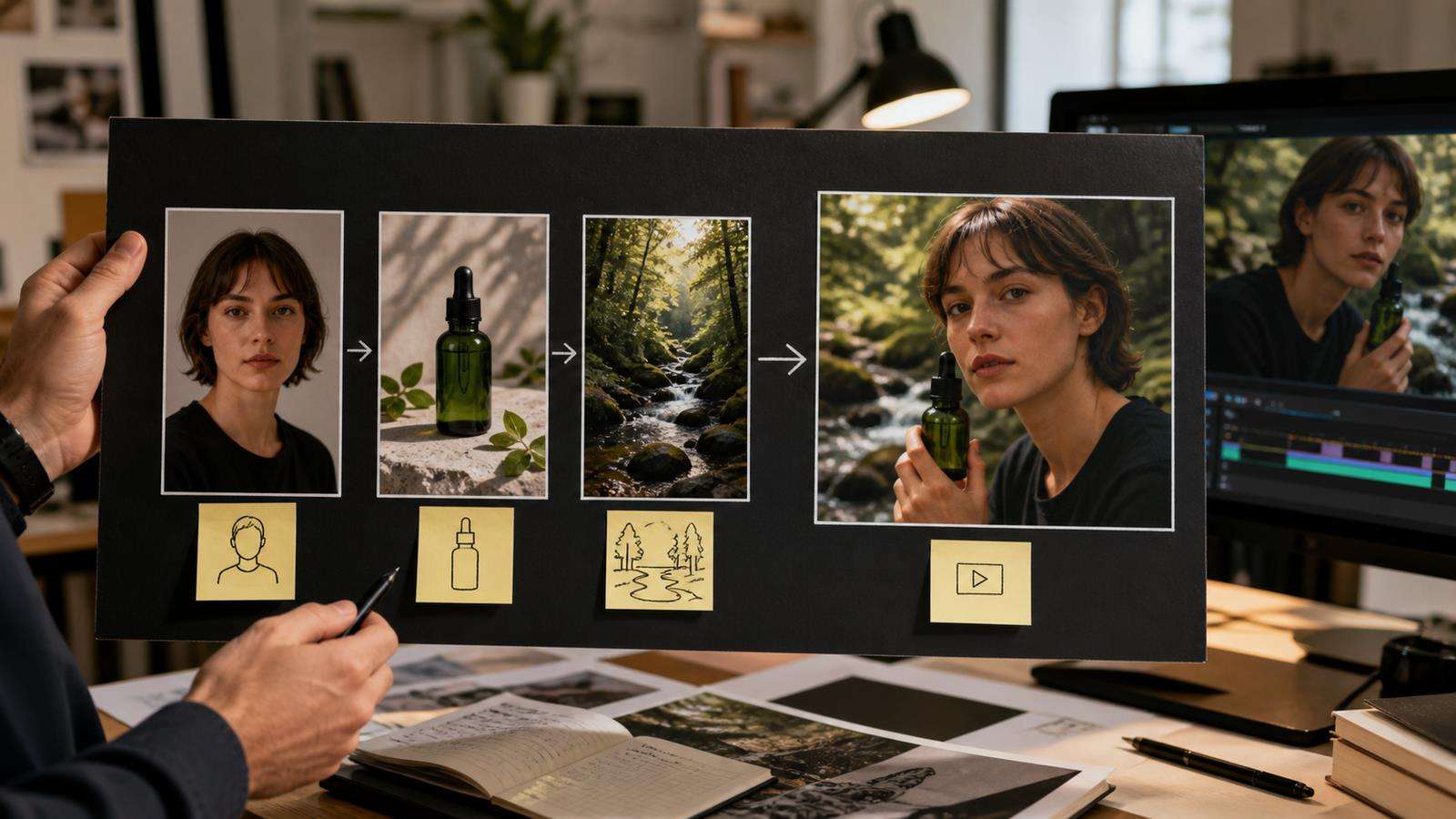 A realistic preproduction board labeling three reference images as Character Identity, Product Identity, and Environment, with a final generated frame beside them