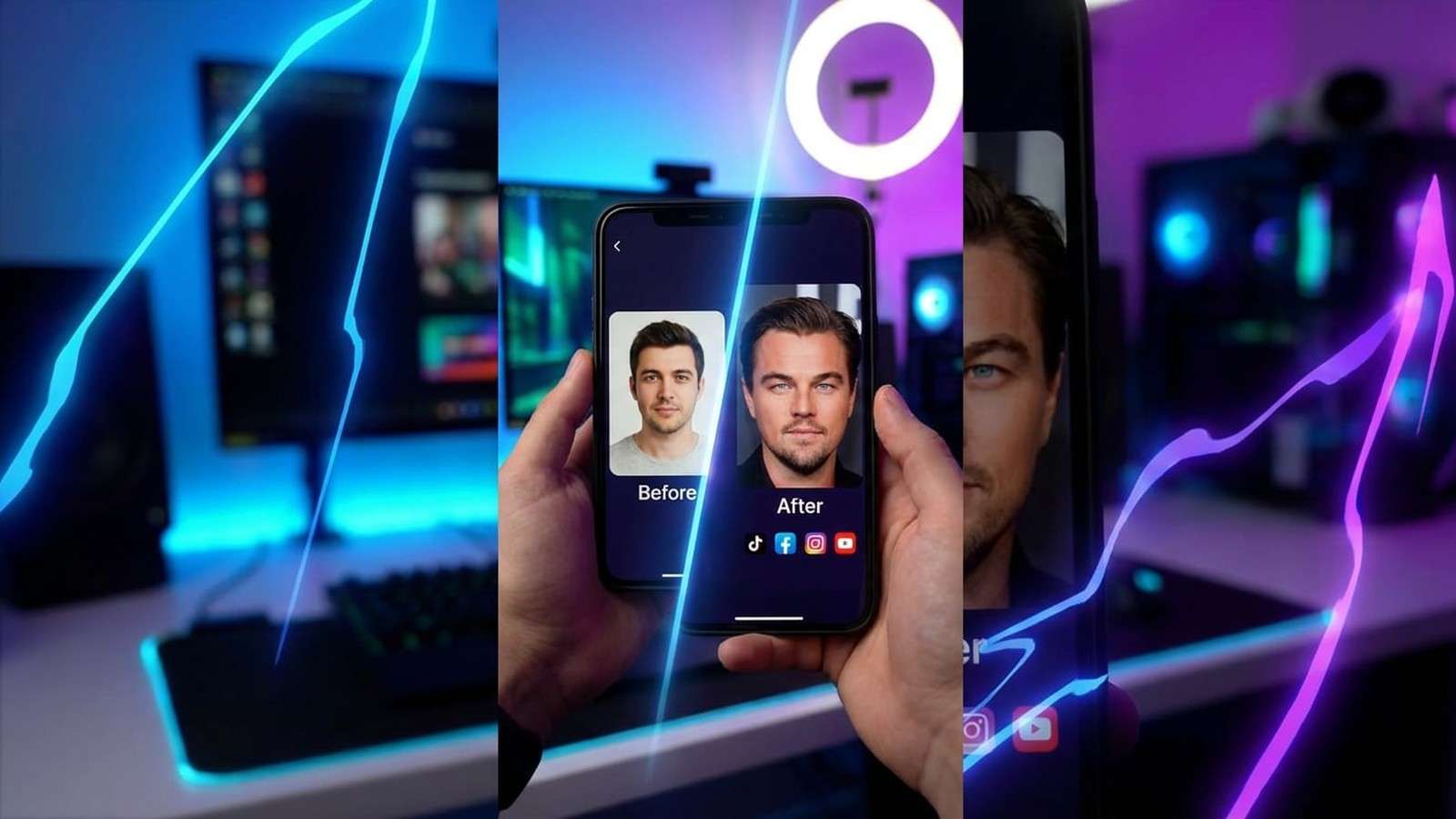 Real English Media.io FaceSwap AI interface showing a replacement face and reviewable result