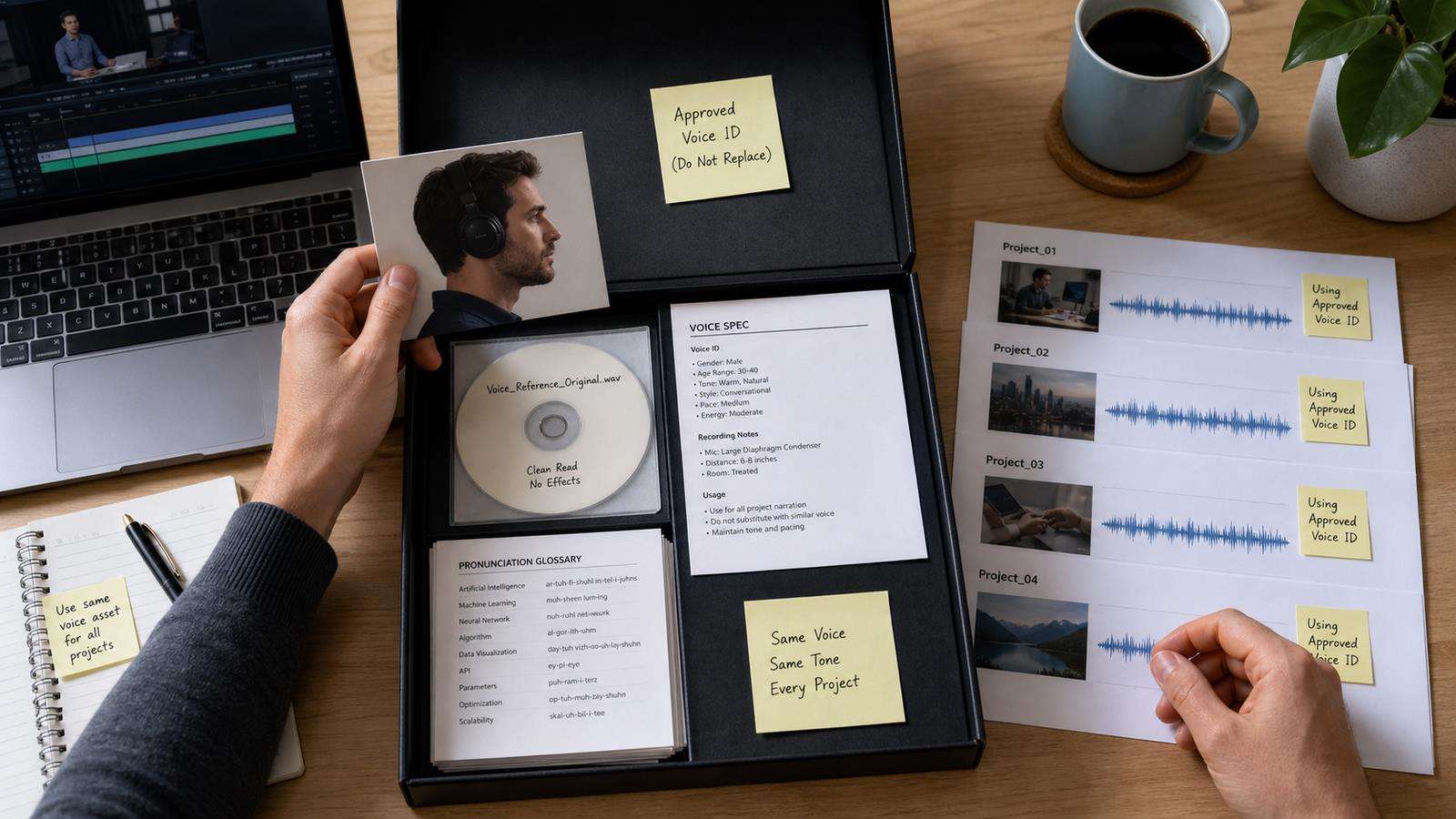 A realistic production folder showing one approved voice ID, original clean reference audio, voice spec, pronunciation glossary, and multiple video projects using the same asset