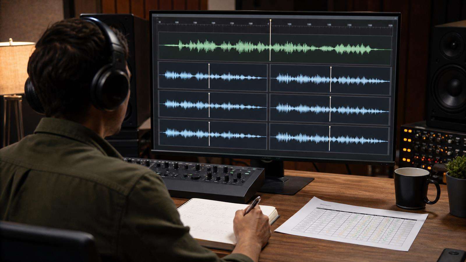 An audio review session with one approved reference waveform and six episode clips compared for pace, tone, pronunciation, and loudness