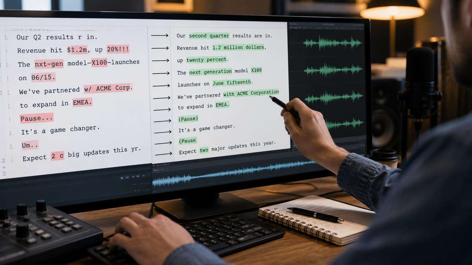 A script editor showing inconsistent numbers, acronyms, product names, and pauses being normalized into an approved narration format