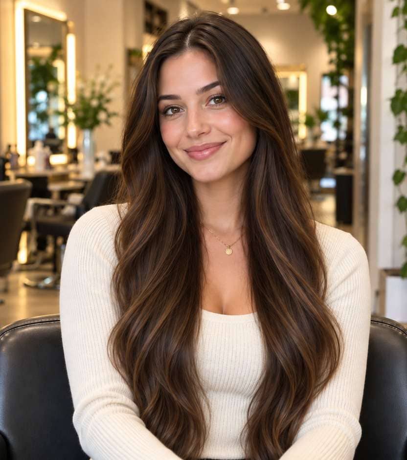 After hairstyle portrait for waist length hair filter: straight flowing hair reaching the natural waistline on a torso-visible photo