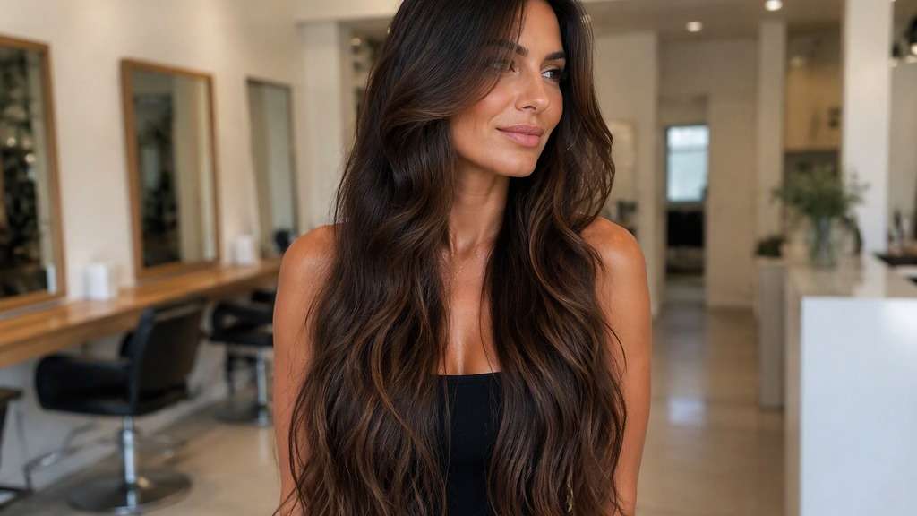 Long Hair with Curtain Bangs hair on an adult model, showing waist-level length paired with face-framing curtains at cheekbones.