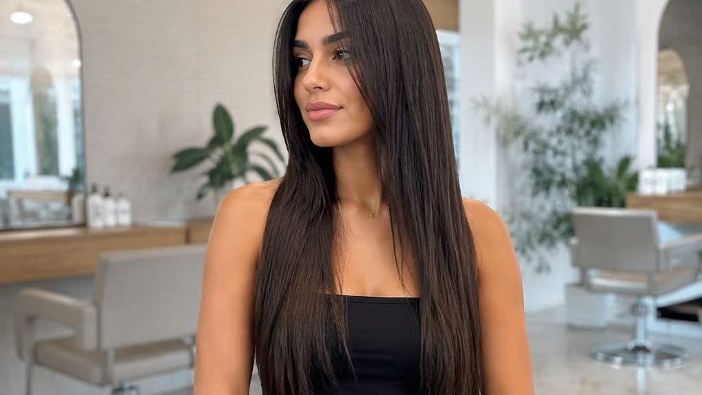 Sleek Low-Density Long Hair hair on an adult model, showing fine straight hair reaching waist with a modest believable density and narrow en