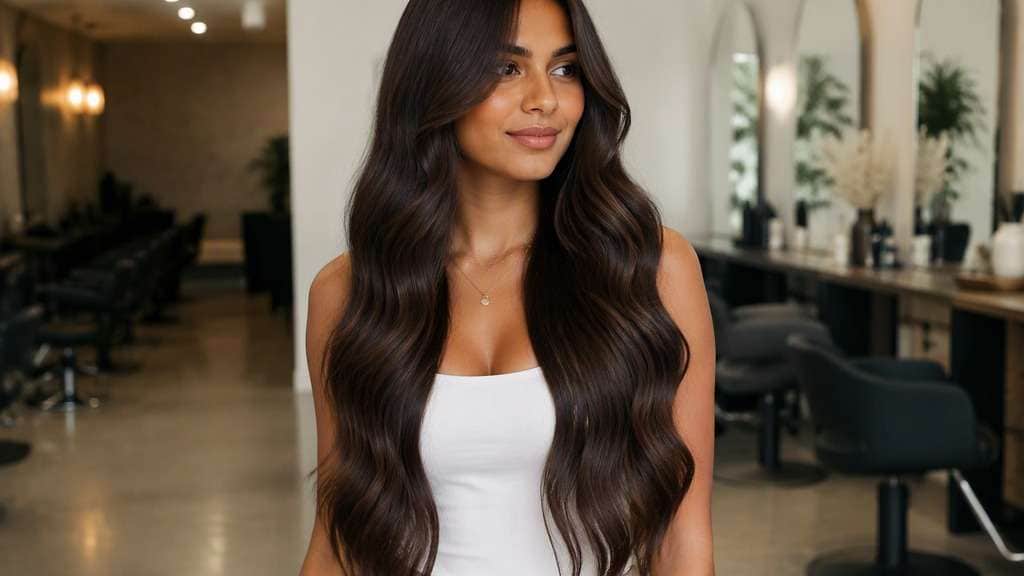Soft Mermaid Waves hair on an adult model, showing long flowing broad waves reaching waist while keeping each section separated and