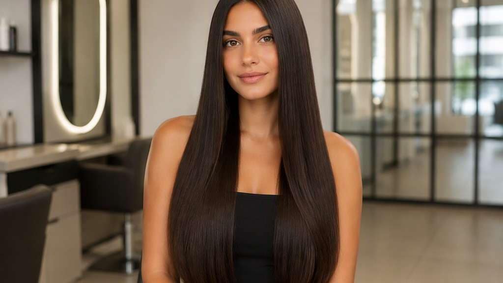 Straight Waist-Length Hair hair on an adult model, showing natural straight tresses extending to waistline with soft tapering and a clear c