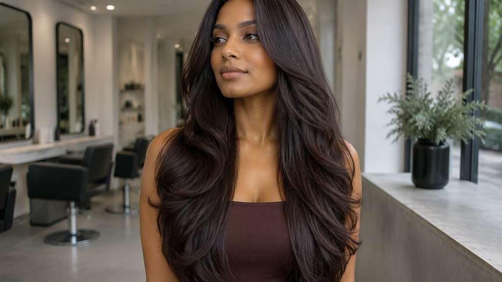 Thick Long Hair with U-Shaped Ends hair on an adult model, showing natural dense hair finishing at waist in a soft u-shaped perimeter, no artificia